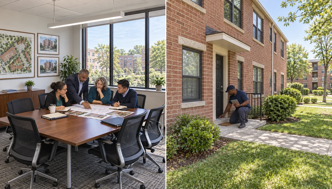 Wide scenes connect a housing leadership team in a boardroom with an inspector at an apartment entrance