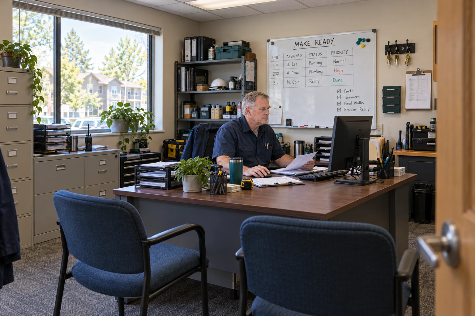 maintenance director working at a desk with a make-ready board behind him