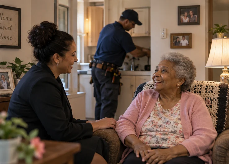 housing staff and a resident share a natural conversation in a maintained apartment